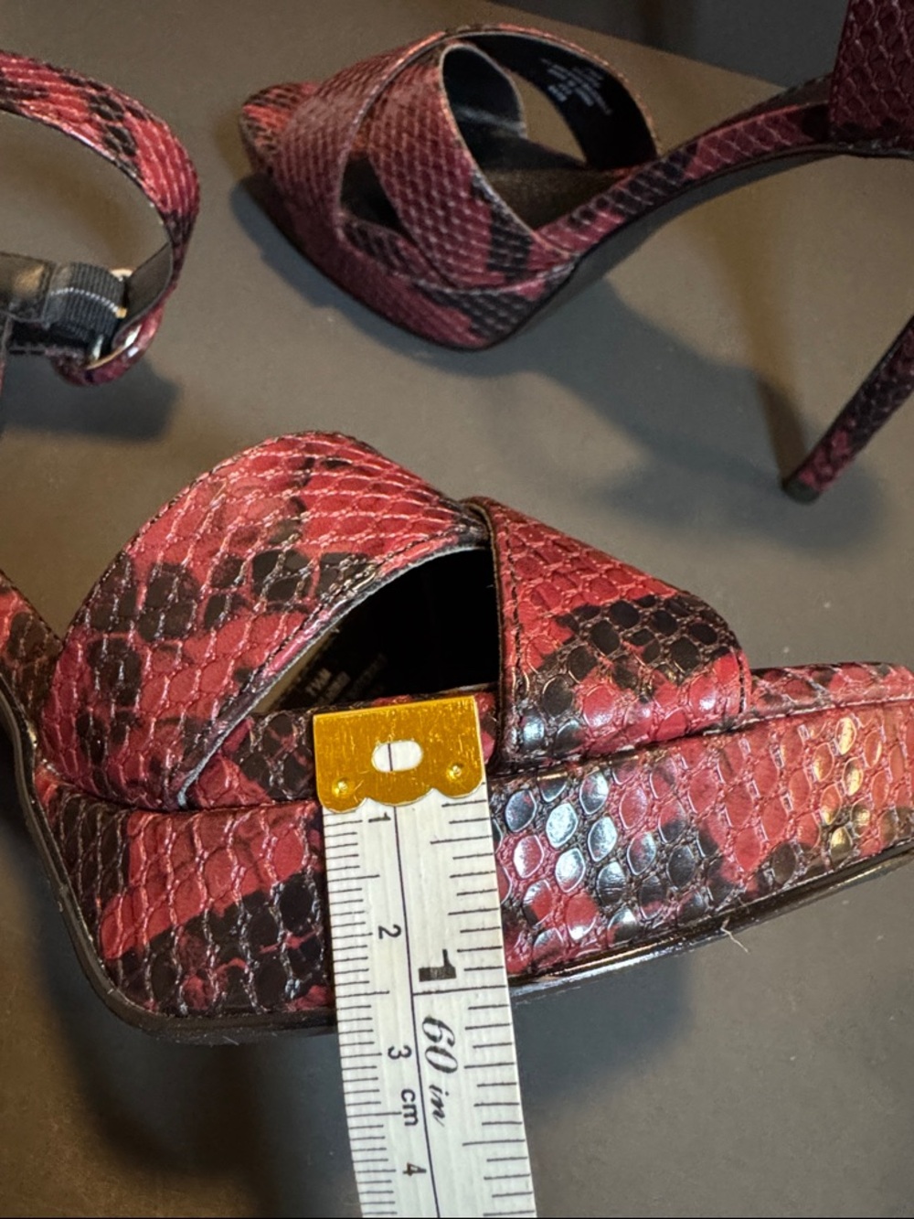 G by Guess Red Snakeskin Ankle-Strap Platform Heels - Picture 11 of 12